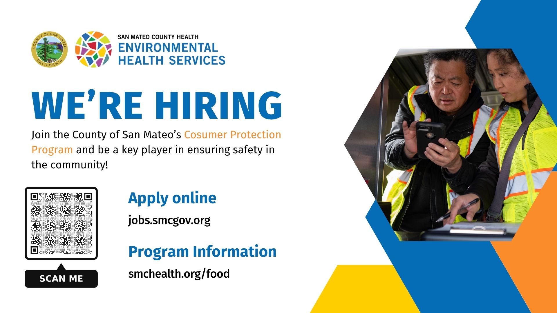 San Mateo County Health's Environmental Health Services Division ensures a safe and healthful environment in the County's 20 cities and unincorporated areas through education, monitoring and enforcement of a variety of regulatory programs, as well as ongoing services to the community. For more information on the Environmental Health Services Division, please visit our website at: